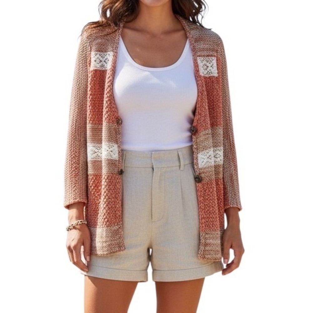 Hem & Thread Marled Knit Lace Accent Fisherman Nautical Cardigan Small Relax Fit